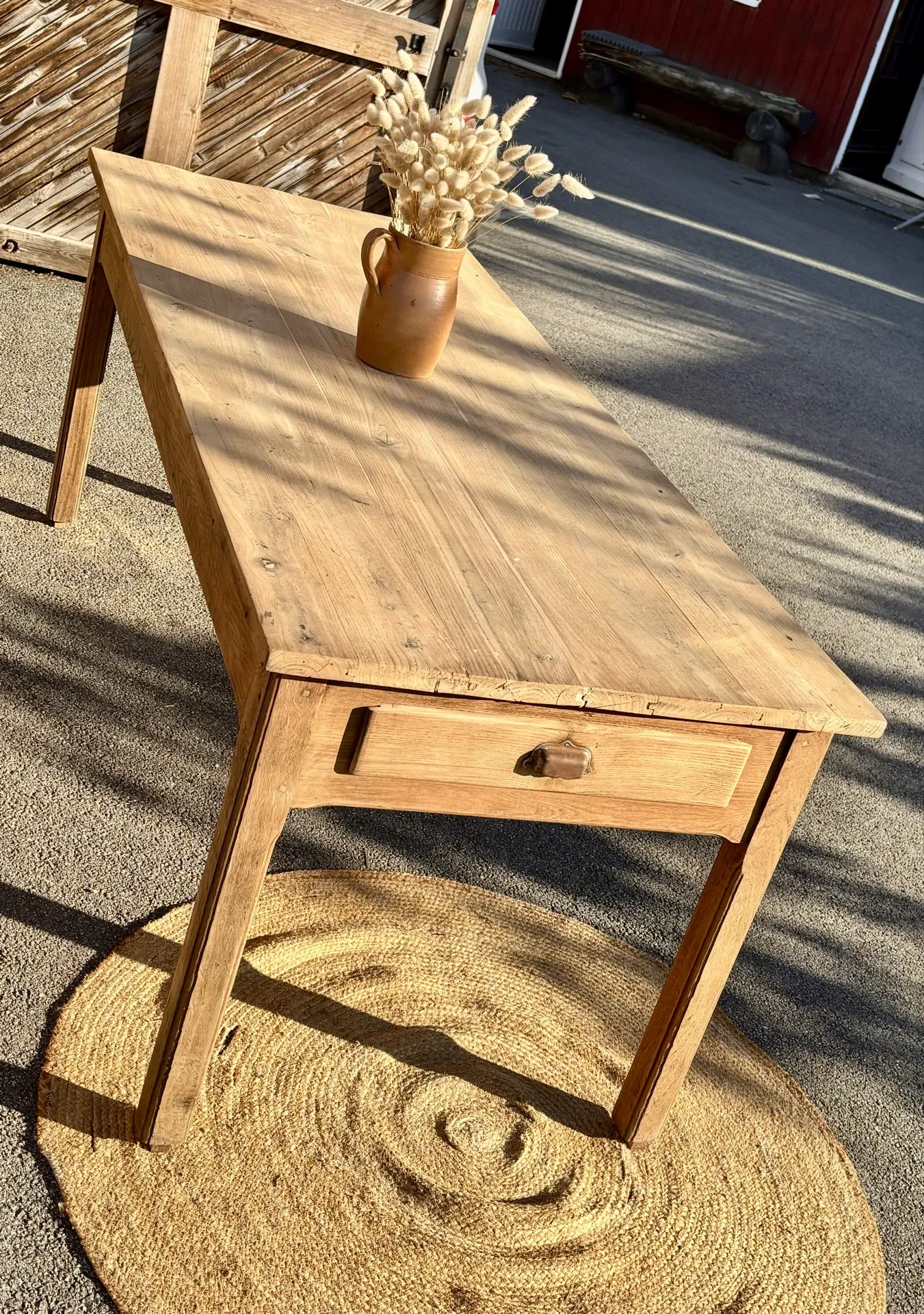 Large antique farmhouse table in solid raw oak with 1 drawer - 2m