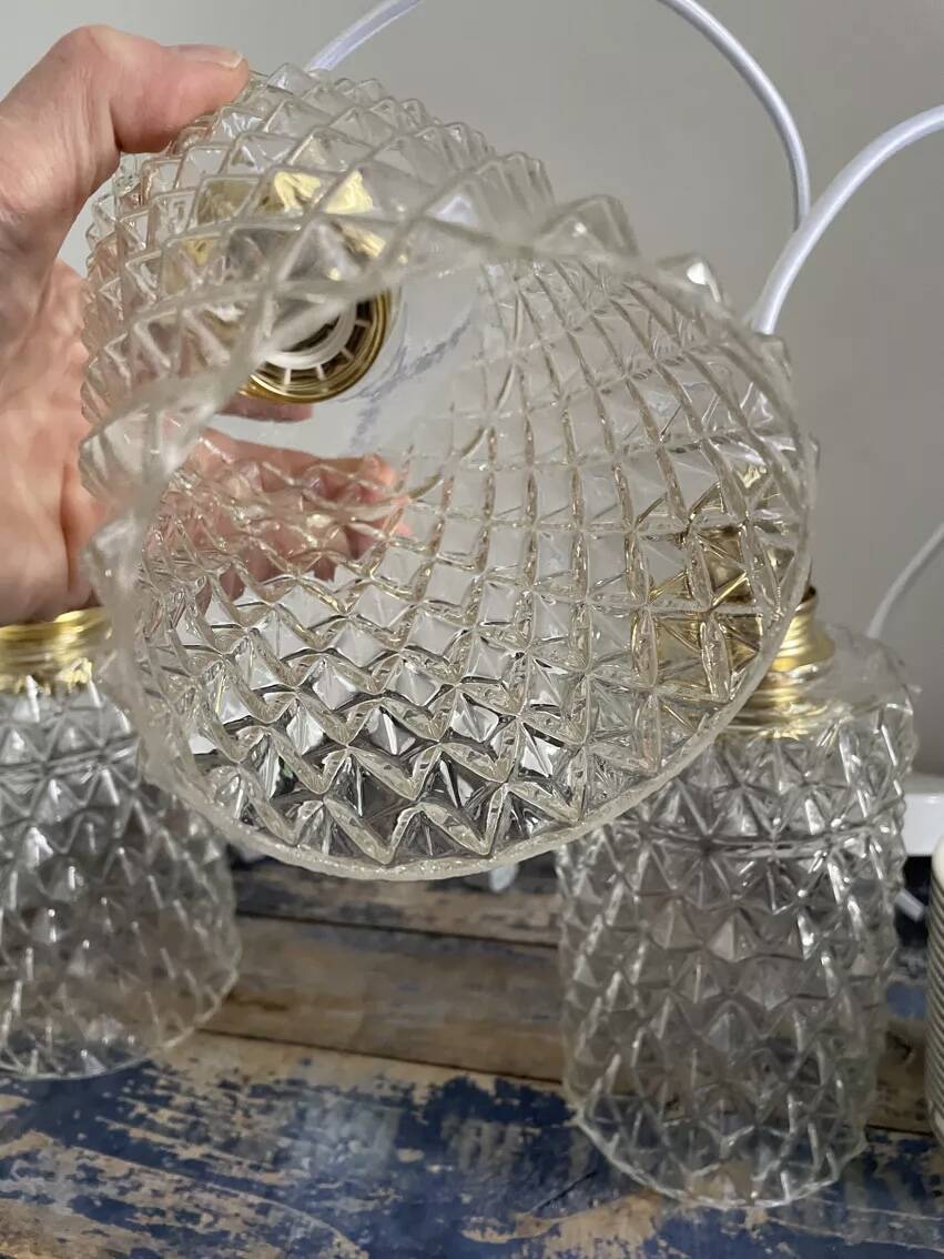 Set of three chiseled glass pendant lights of Scandinavian origin