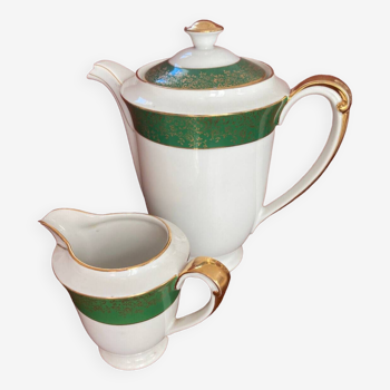 Cafetière et pot à lait - Porcelaine de Limoges - Doré et vert Empire