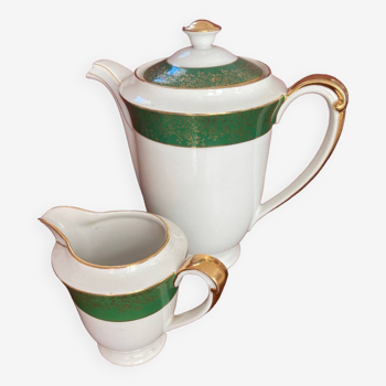 Coffee maker and milk jug - Limoges porcelain - Gold and Empire green