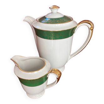 Coffee maker and milk jug - Limoges porcelain - Gold and Empire green