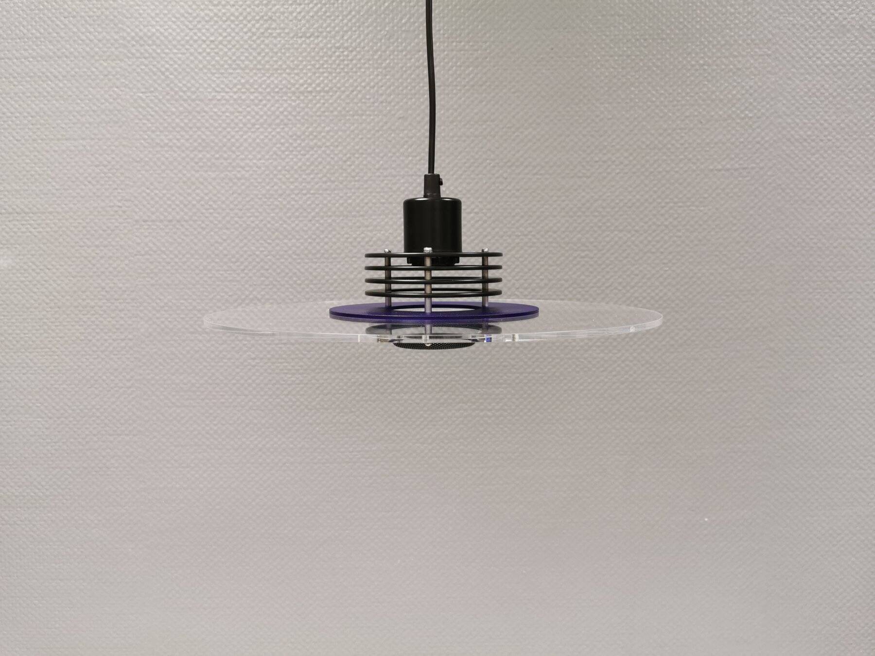 Danish space-age hanging lamp in transparent and blue plexi with black metal 1980s