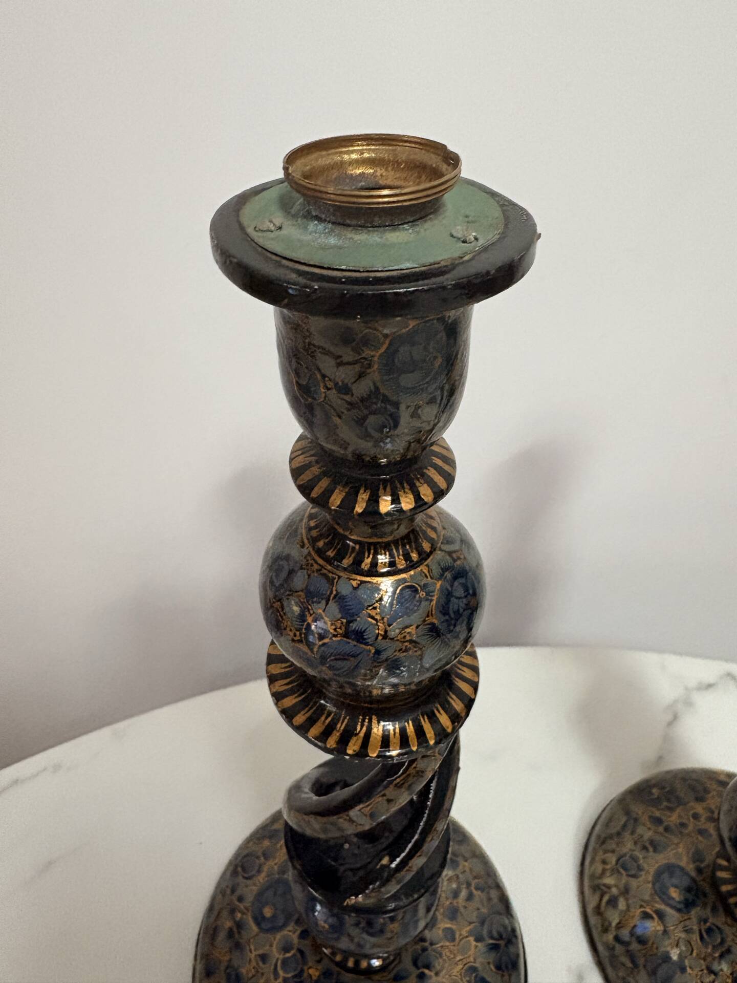 Pair of ancient Kashmiri candlesticks in midnight blue and gold – lamp bases