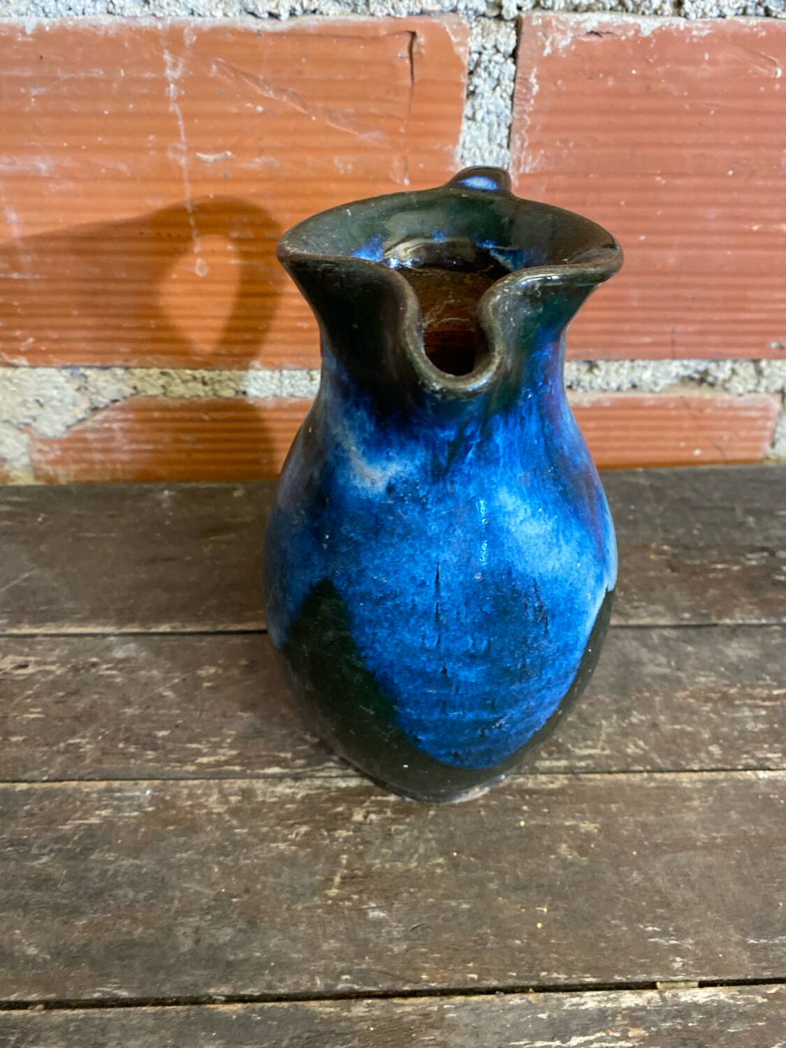 Vintage 1970s Black and Blue Glazed Stoneware Jug