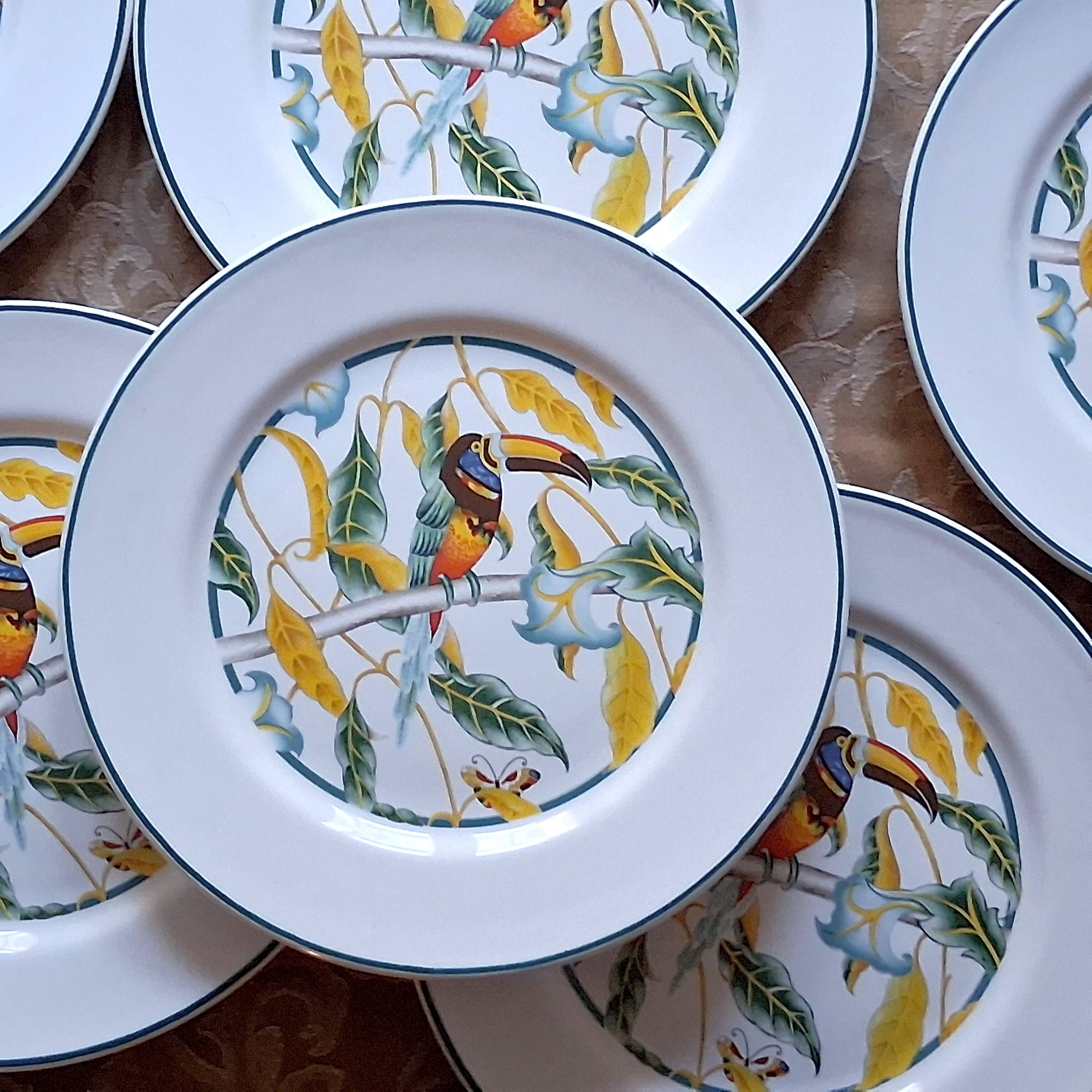 6 antique dessert plates with Toucan decor
