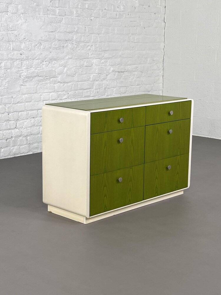 Vintage 6-drawer chest in beige wood and green varnish, Norway, 1960s