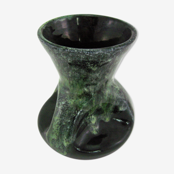 Black enameled ceramic vase with green dripping decoration - Gaubier Poterie St Amand en Puisaye