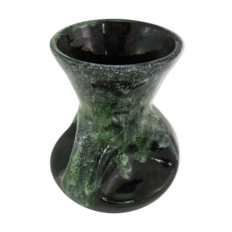 Black enameled ceramic vase with green dripping decoration - Gaubier Poterie St Amand en Puisaye