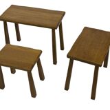 Vintage Set of 3 brutalist oak side or nesting tables 1970s