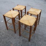Set of 4 bar stools wood and straw