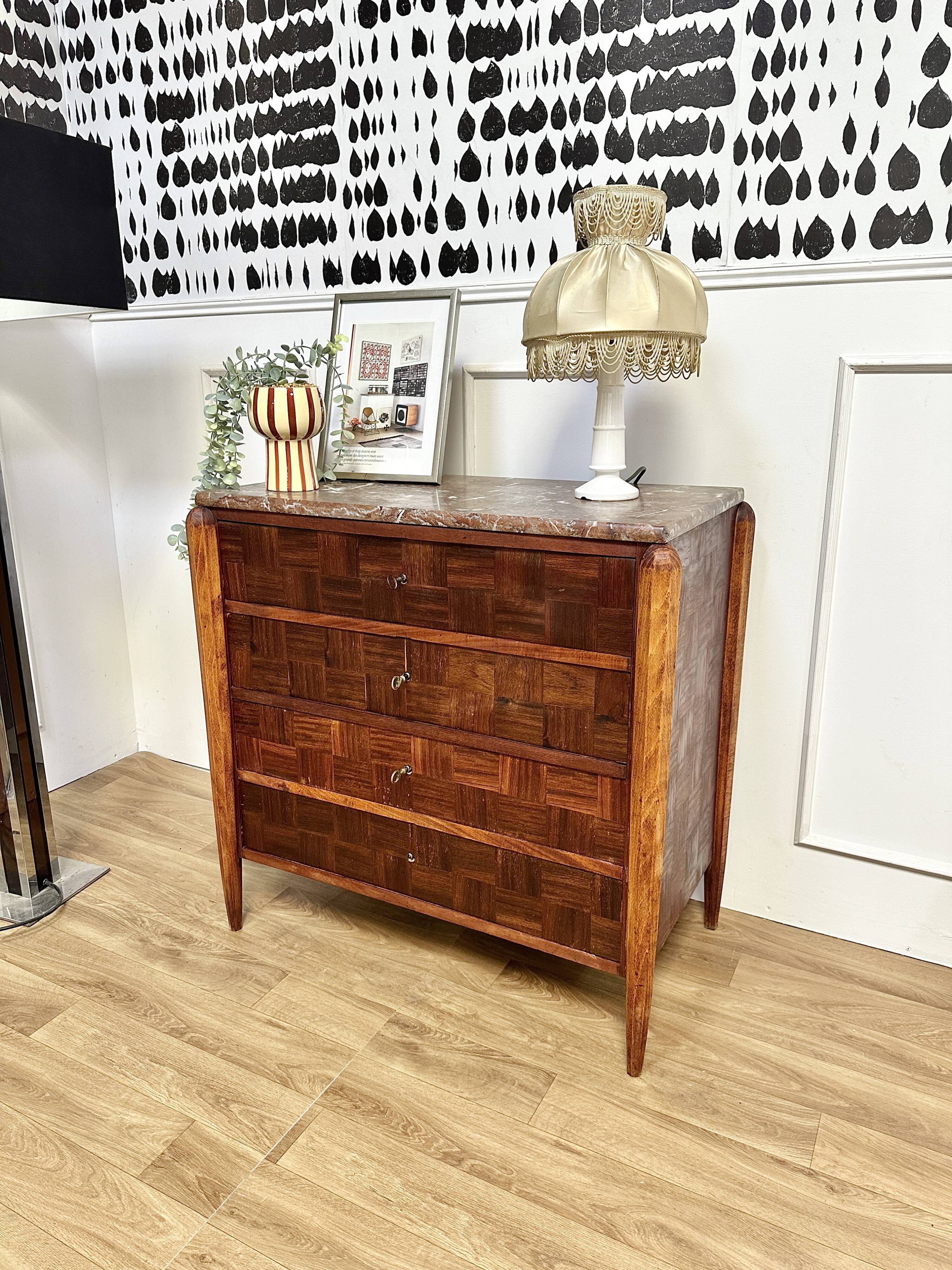 Commode vintage plateau marbre rouge
