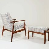 Fauteuil vintage et repose-pieds tartan beige bleu modern design