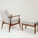Vintage armchair and beige blue tartan footrest modern design
