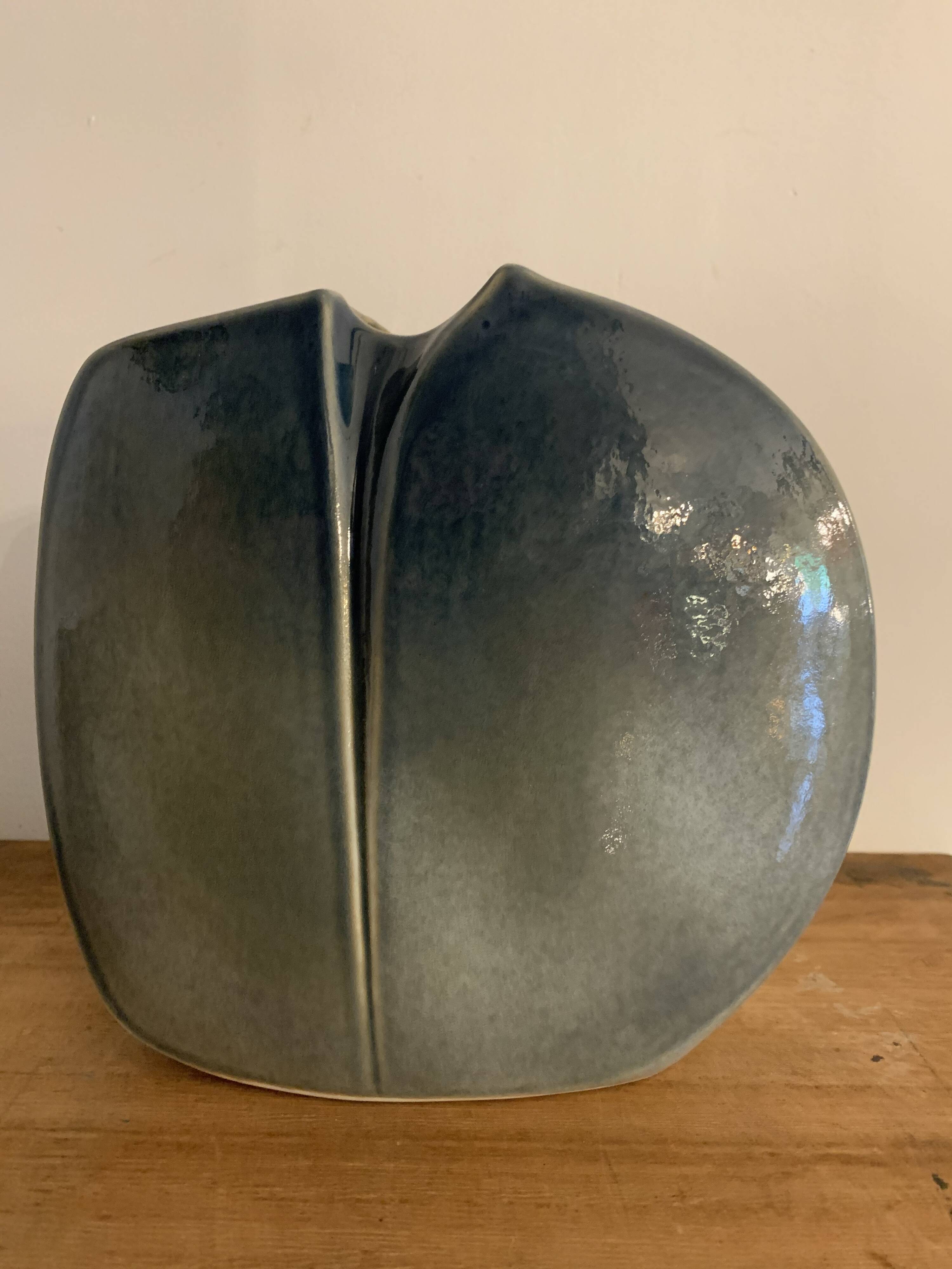 Yves Mohy grey porcelain blue lens vase for Virebent 1970