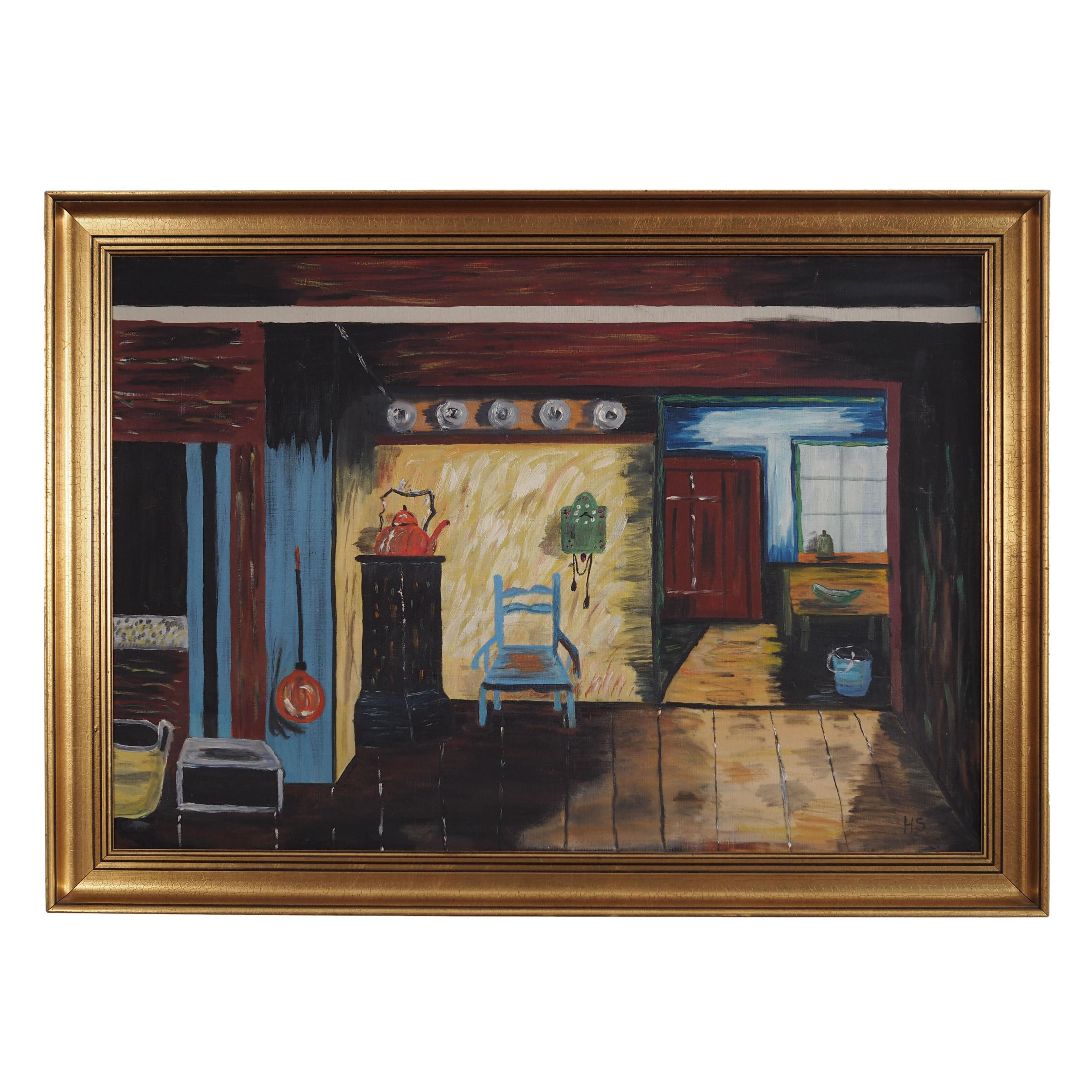 Painting „The Village House's Interior”, Scandinavian design, 1970s