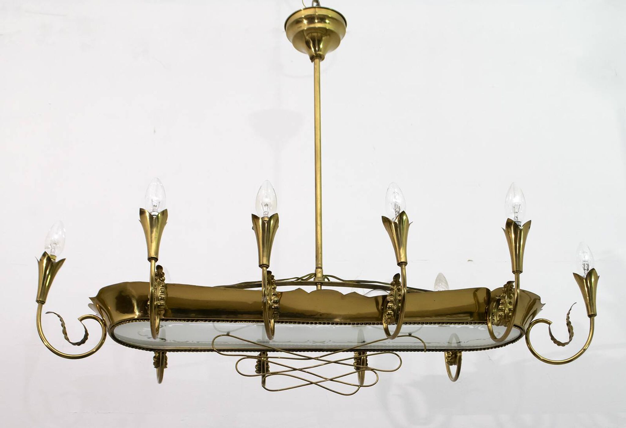 After Pietro Chiesa Italian Brass 12 Lights Candelier Fontana Arte