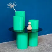 Green plexiglass coffee table in Memphis design style from the 1980s.