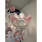 Chandelier in transparent and pink Murano-style glass with flower and leaf.