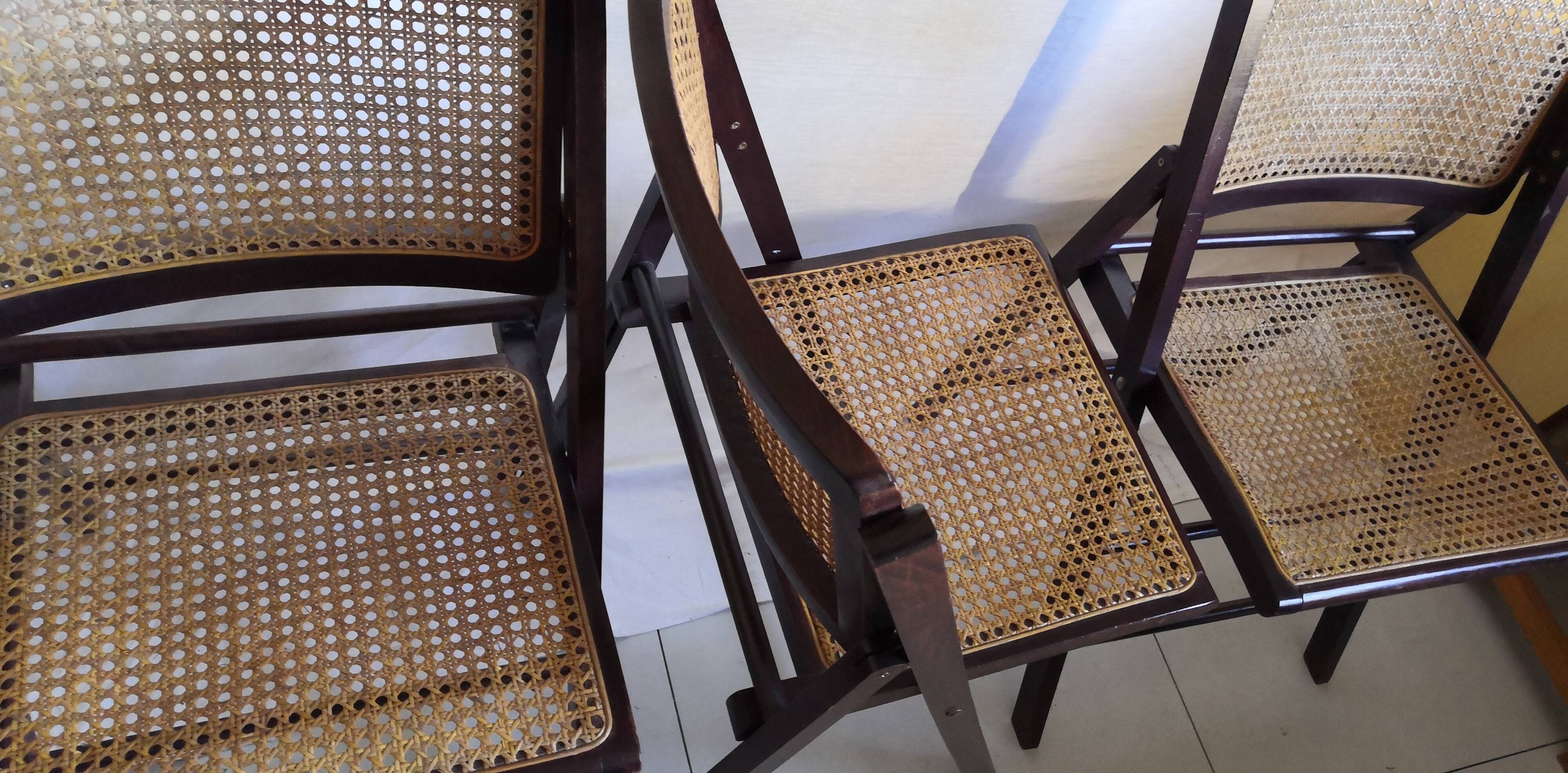 Trio de chaises pliantes en bois & cannage vintage années 60