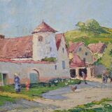Hugues Fernand ROPION (1863-1938) "Les poules devant la ferme‘ Huile sur toile signée