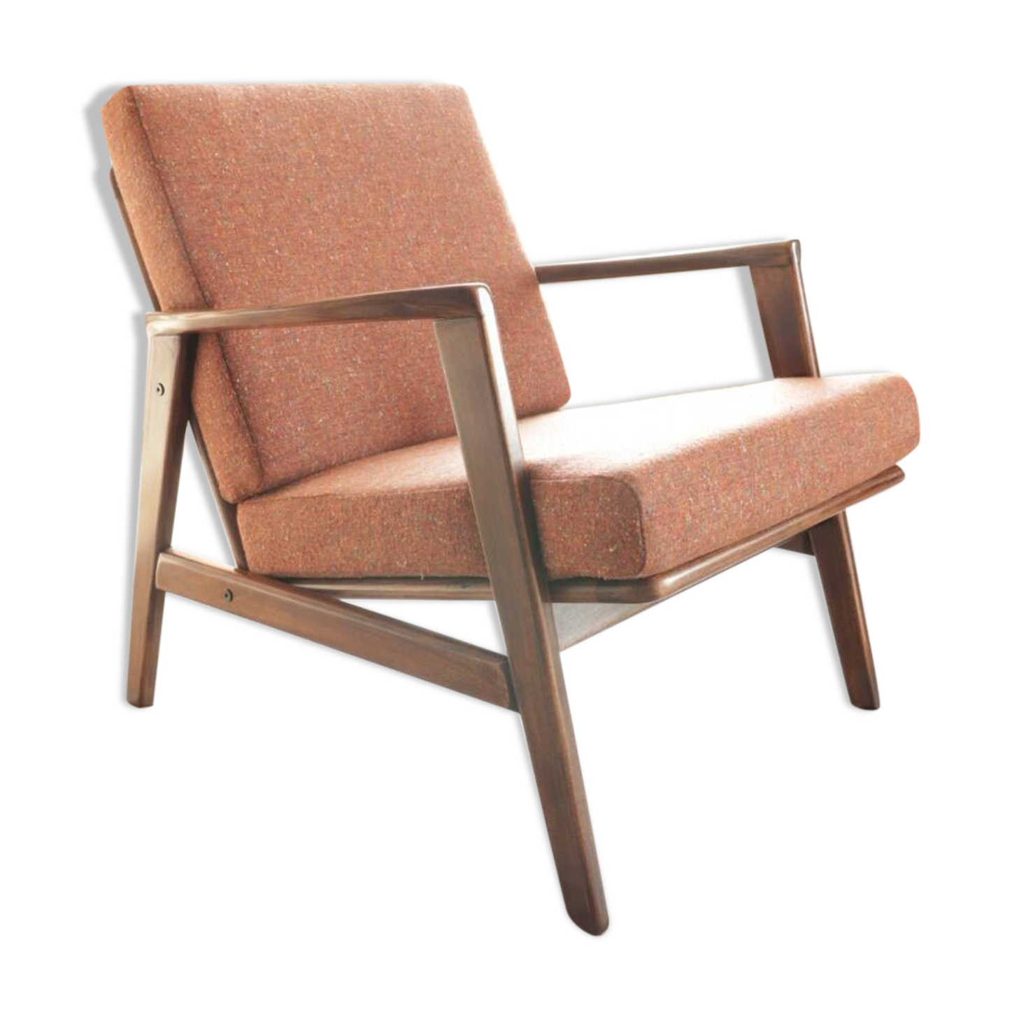 Vintage Wooden Armchair Tweed Upholstery Cushions Mid Century Design