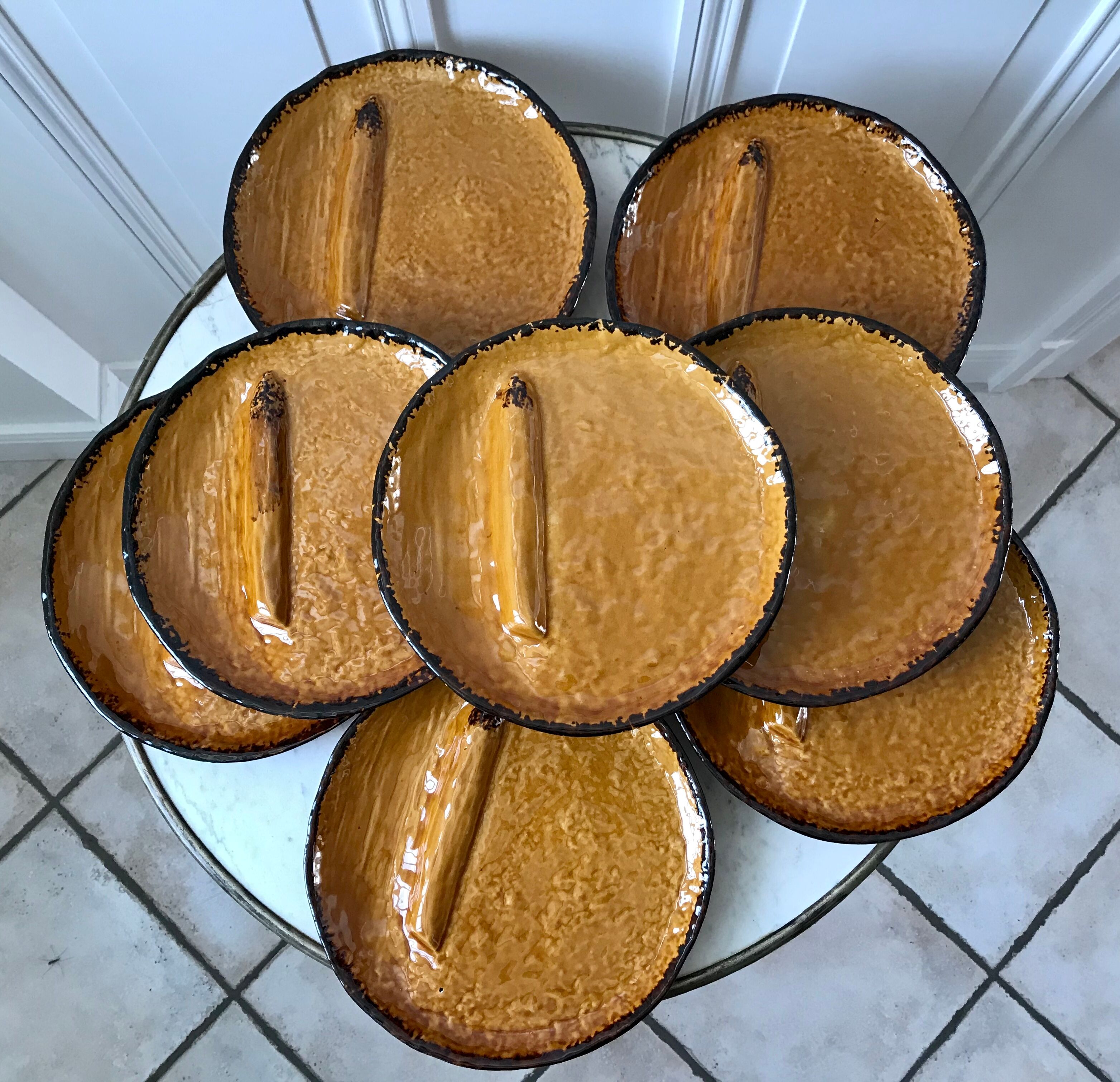 Set of 8 ceramic asparagus plates from Poët Laval 60s-70s