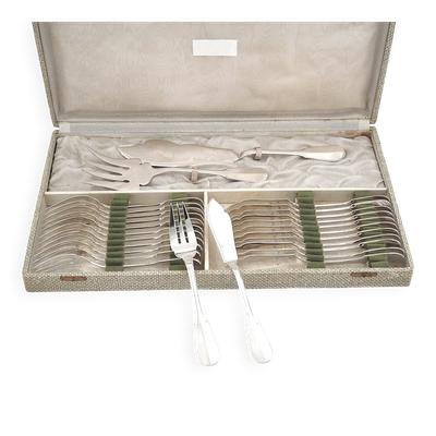 Ercuis Valois, Uniplat ménagère poisson 26 pièces métal argenté, excellent état