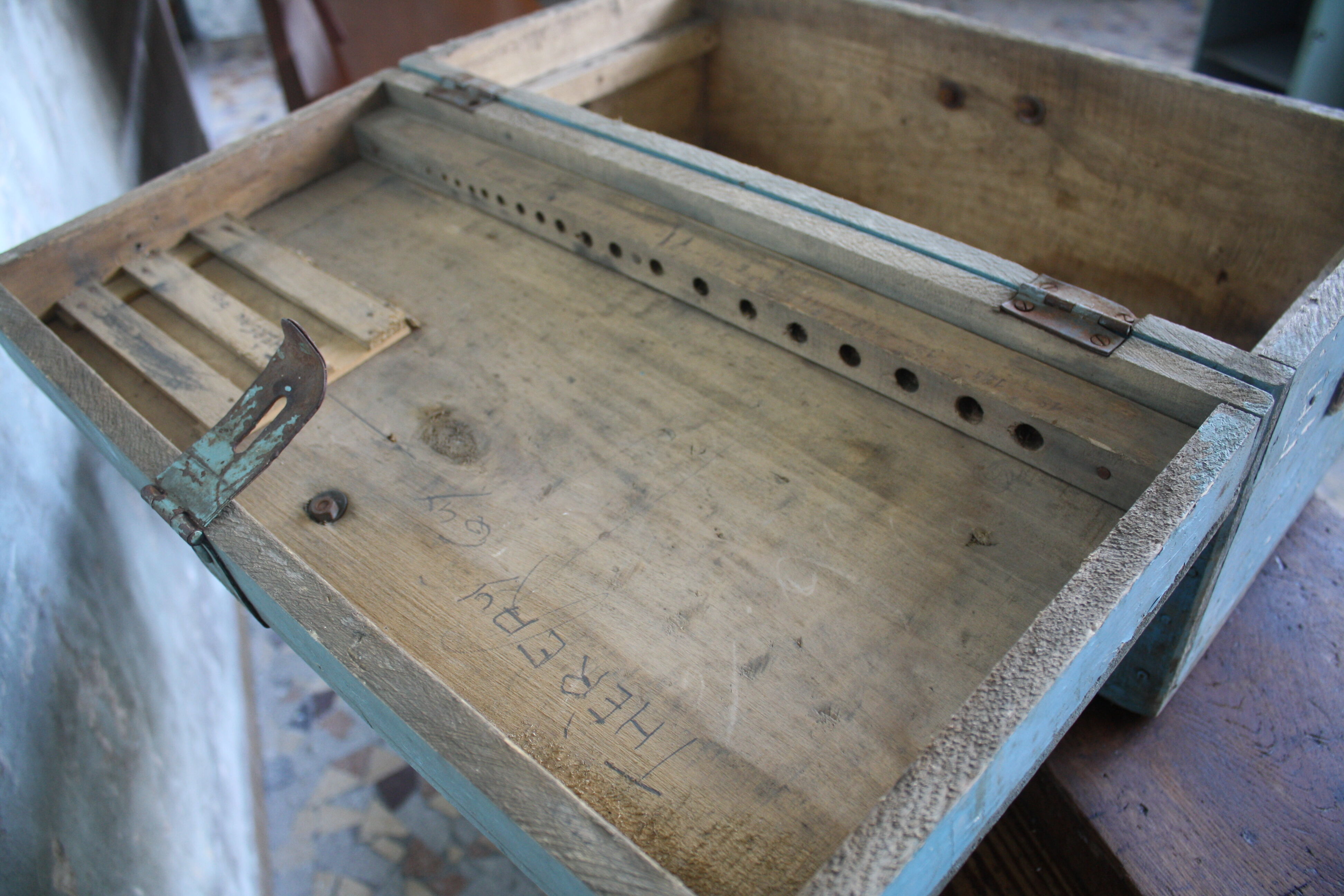 Blue vintage tool box wooden