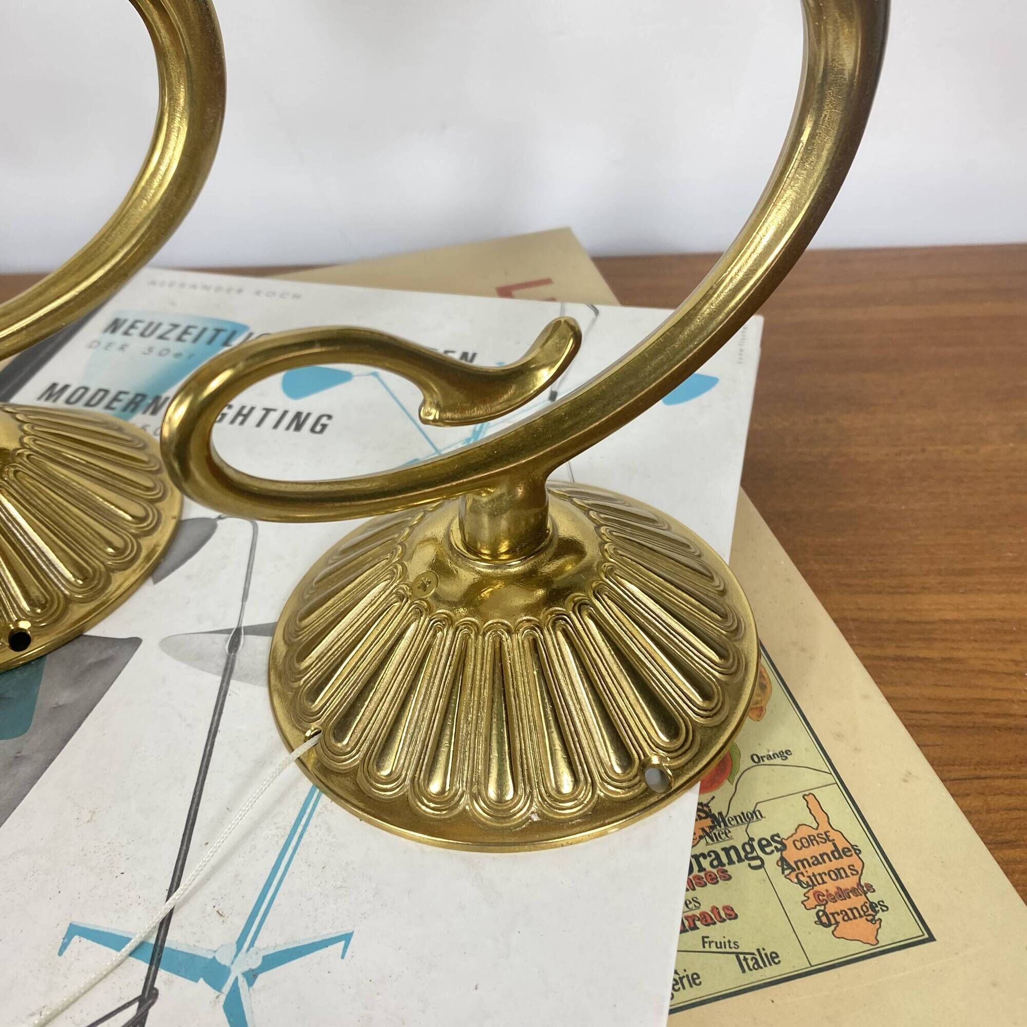 Pair of antique wall sconces with swan neck in brass, glass tulip.