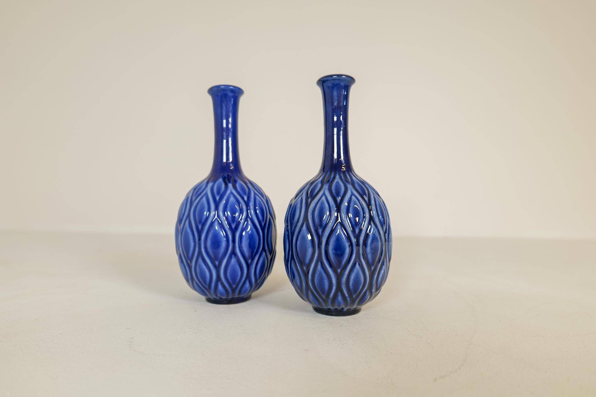 Blue and red peacock vases Midcentury Sven Erik Skawonius Upsala Ekeby, 1950s