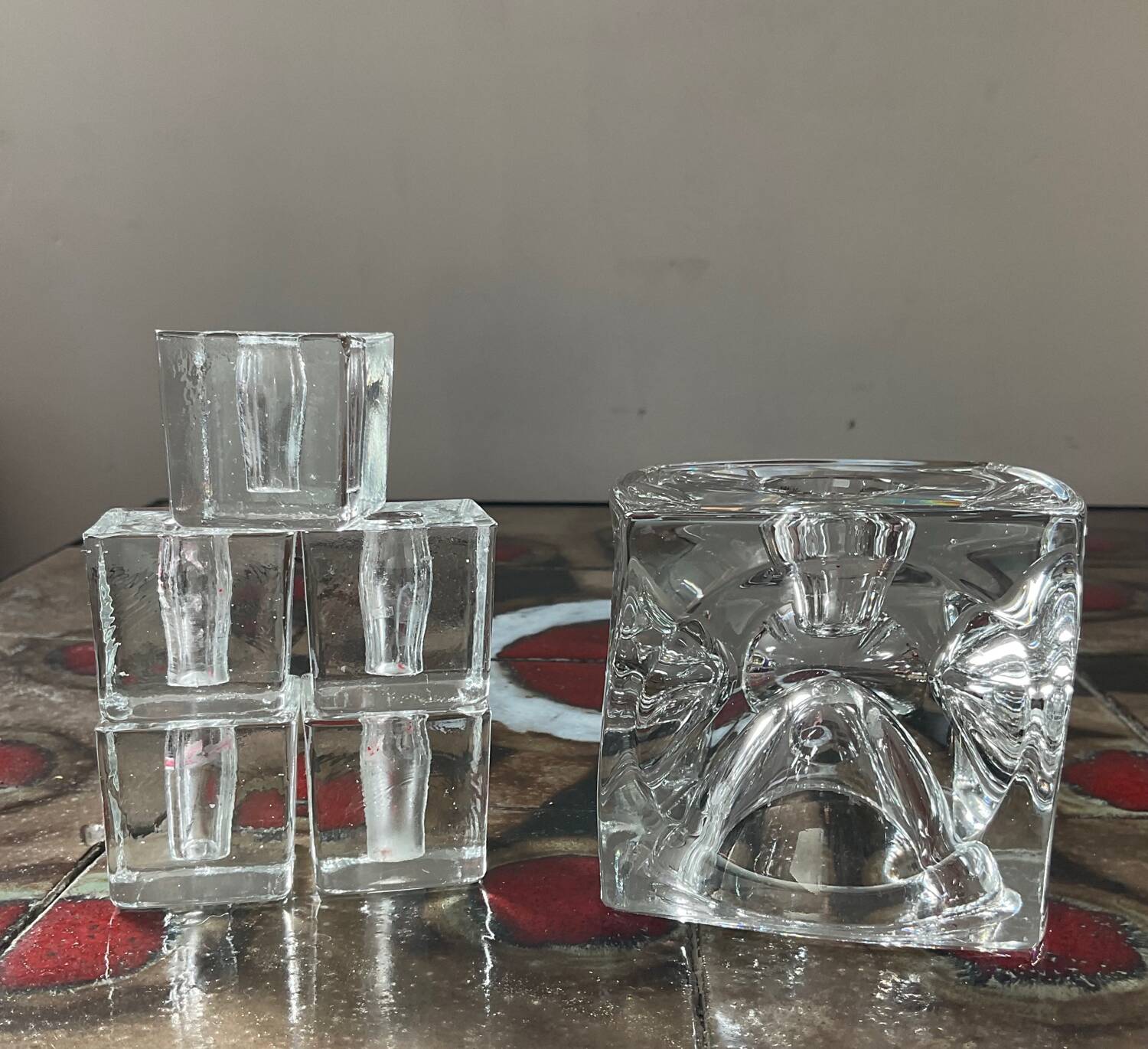 Series of 6 vintage cube candlesticks in molded glass