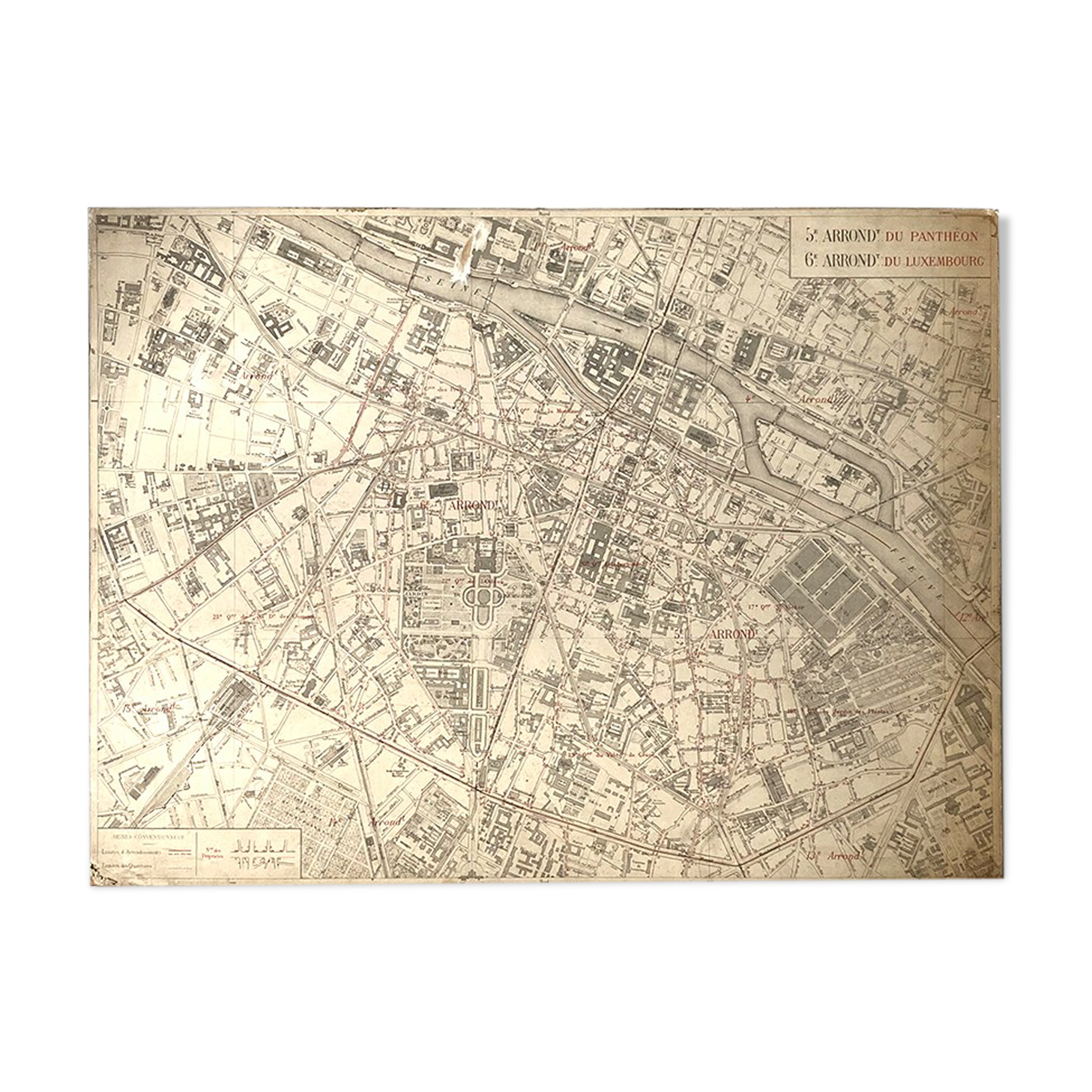 Old cardboard map of Paris - 5th and 6th Arrondissement