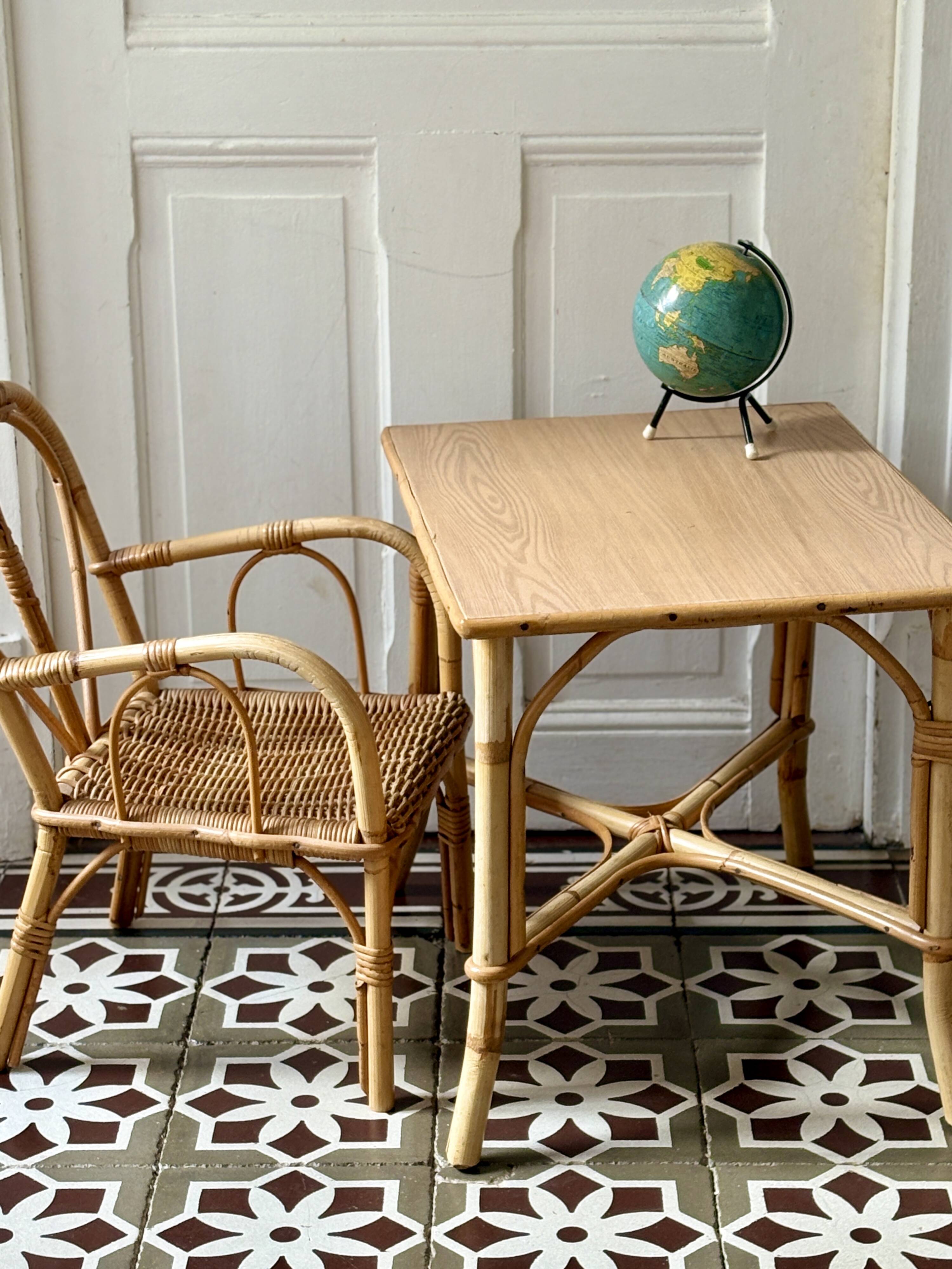 Vintage rattan desk and chair set for children