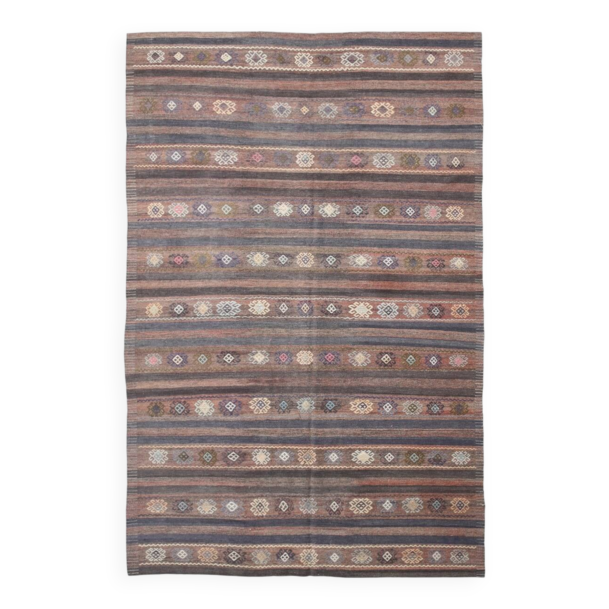 6x9 Brown Grenn Handmade Persian Kilim Rug, 187x286Cm