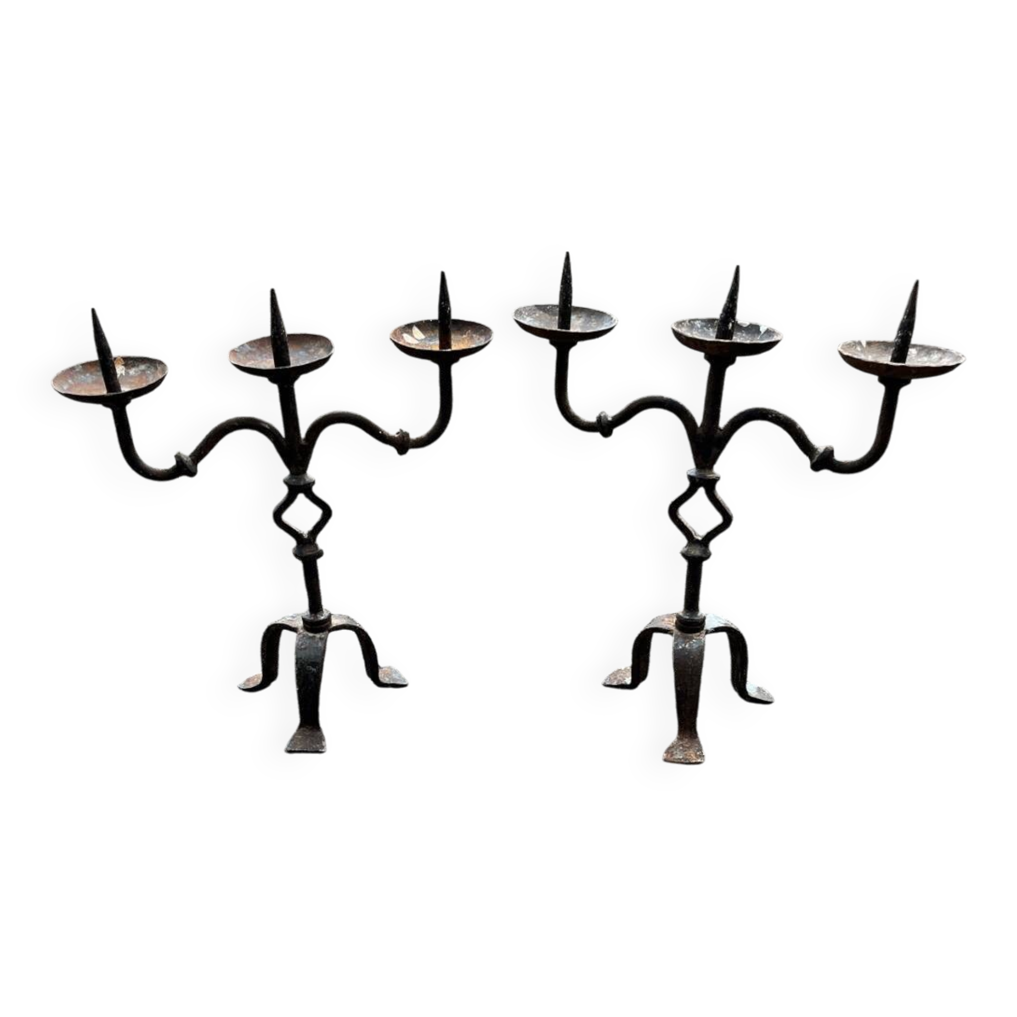 Pair of antique brutalist wrought iron candlesticks