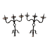Pair of antique brutalist wrought iron candlesticks