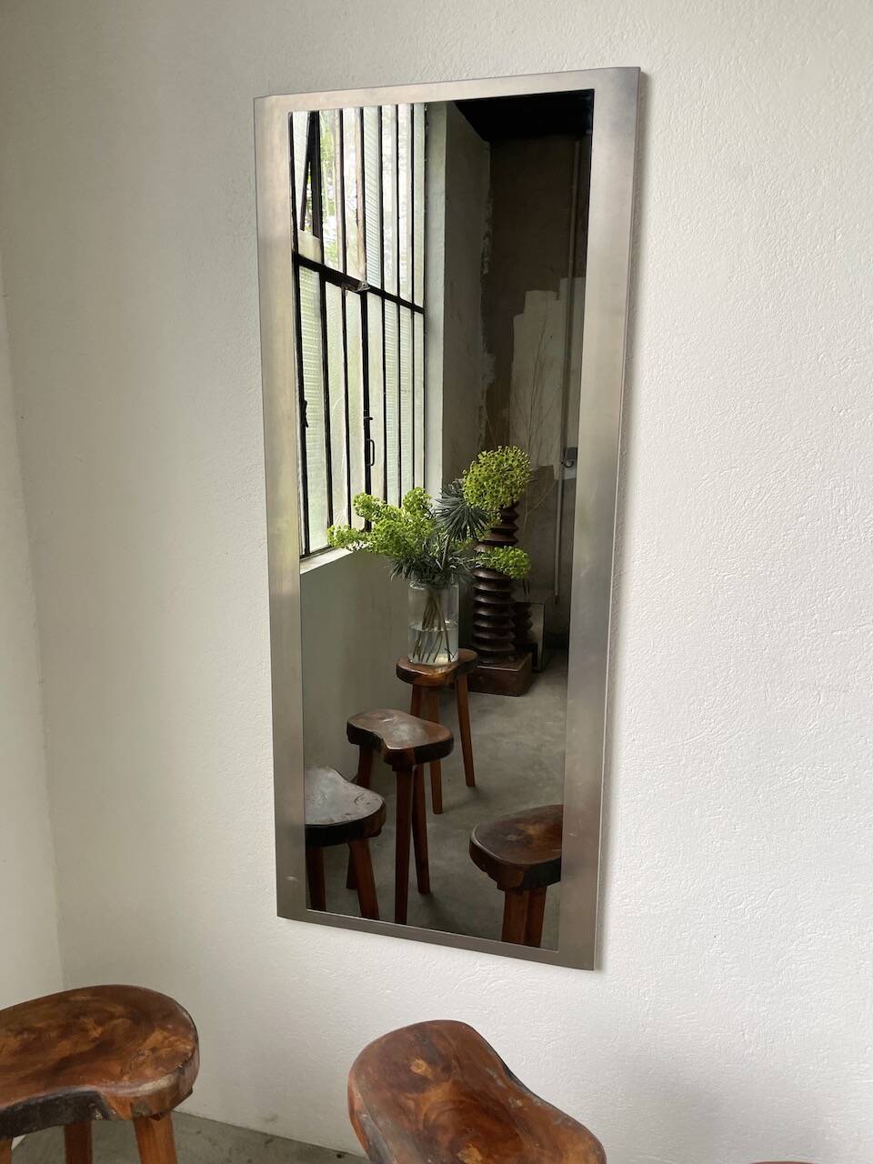 Brushed stainless steel mirror circa François Monnet and Joelle Ferlande