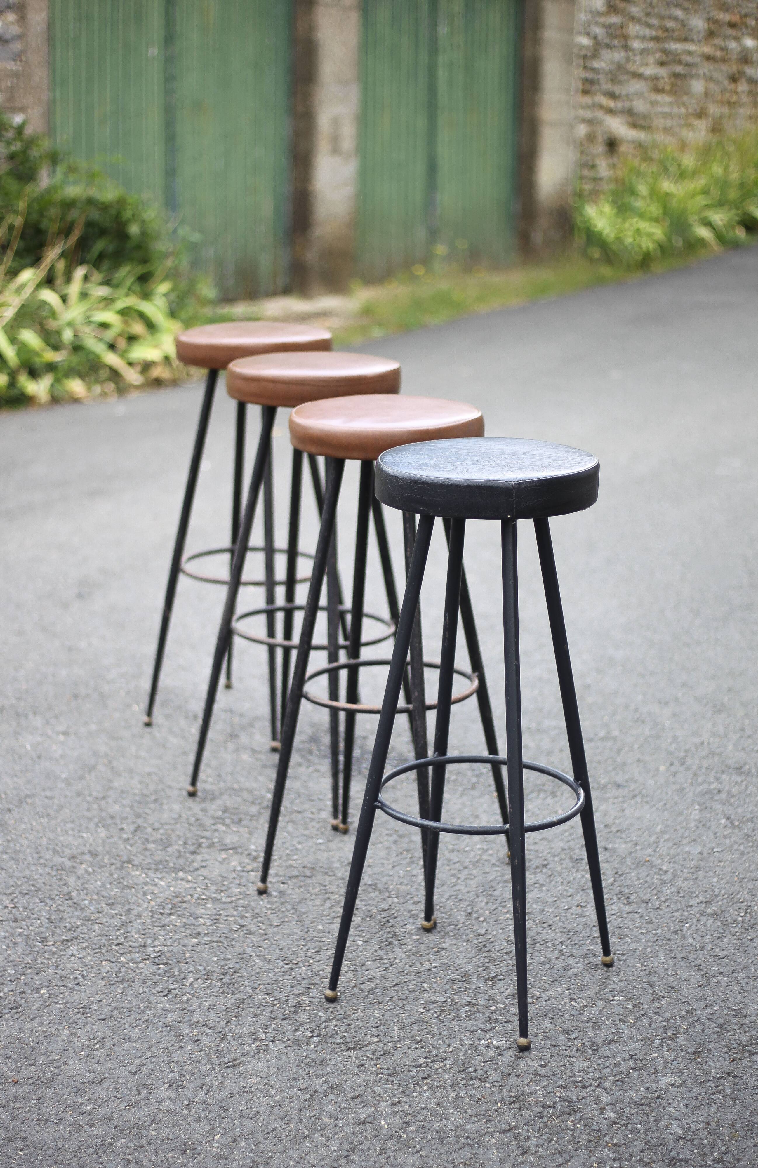Set of 4 bar stools, metal and imitation leather stool, high stool