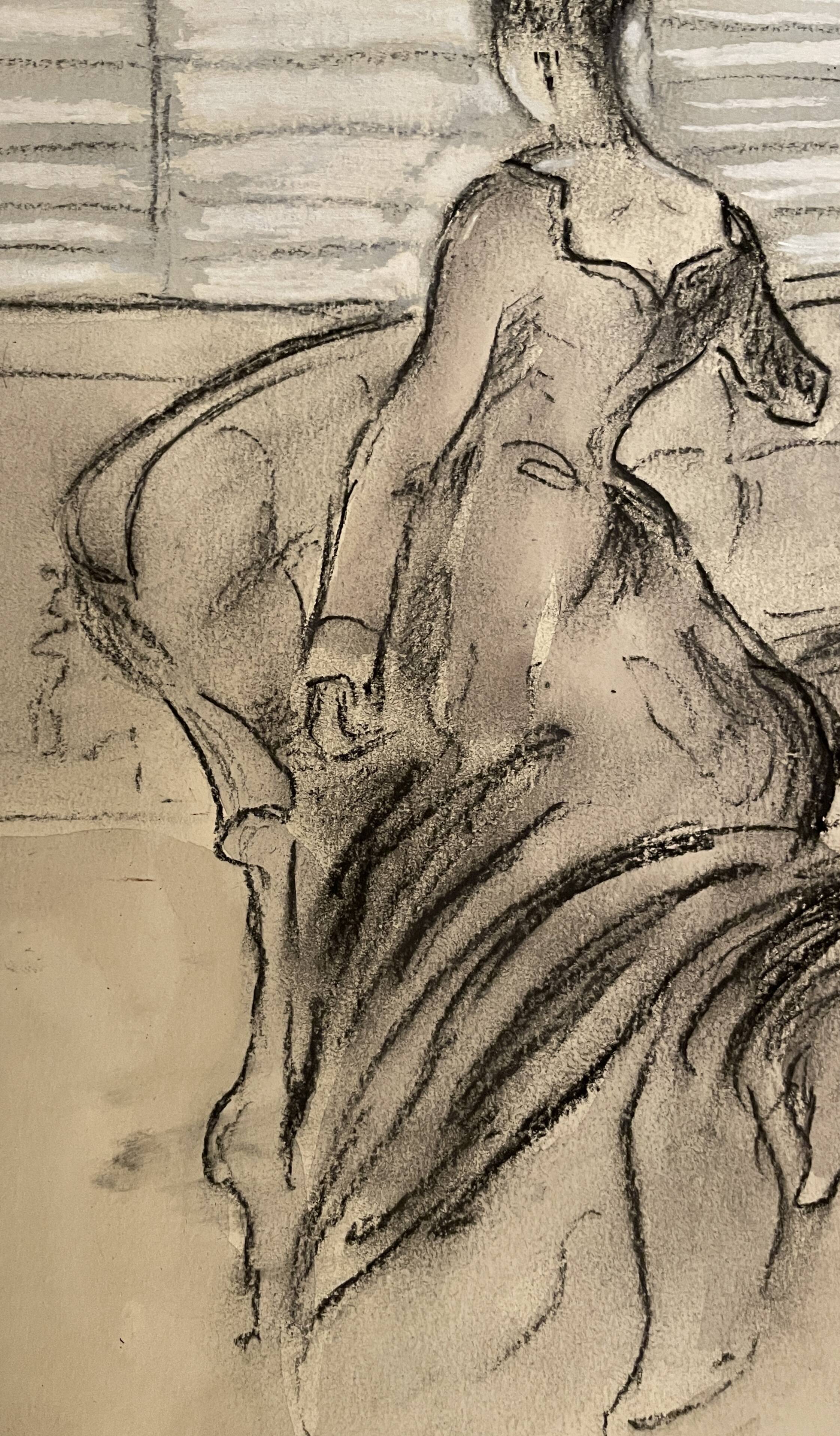 Painting signed charcoal watercolor female portrait Empire “sofa”