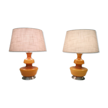 Set of two mid-century yellow glass table lights, Belgium 1960's