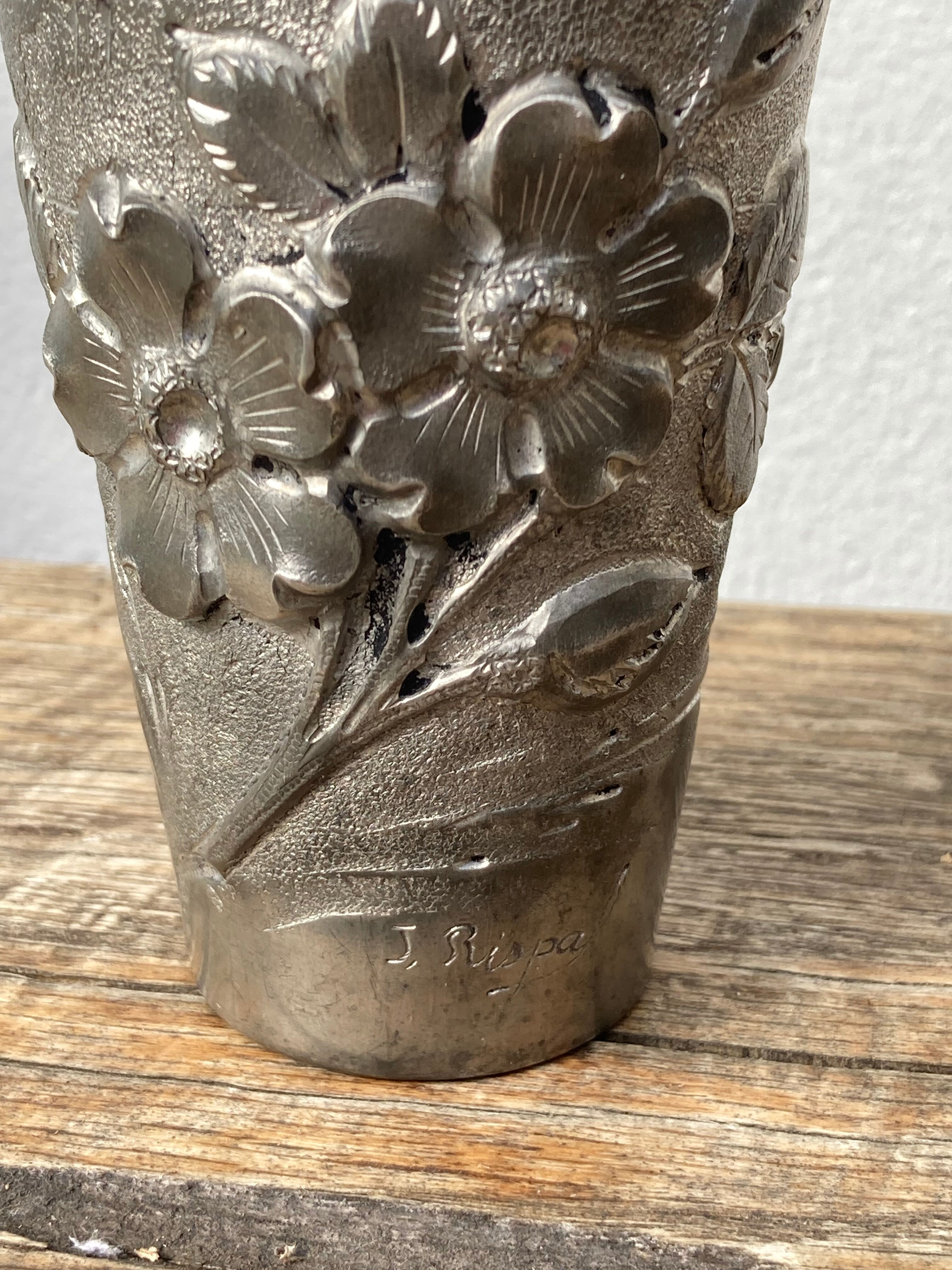 Art nouveau era pewter vase signed Jules Louis Rispal