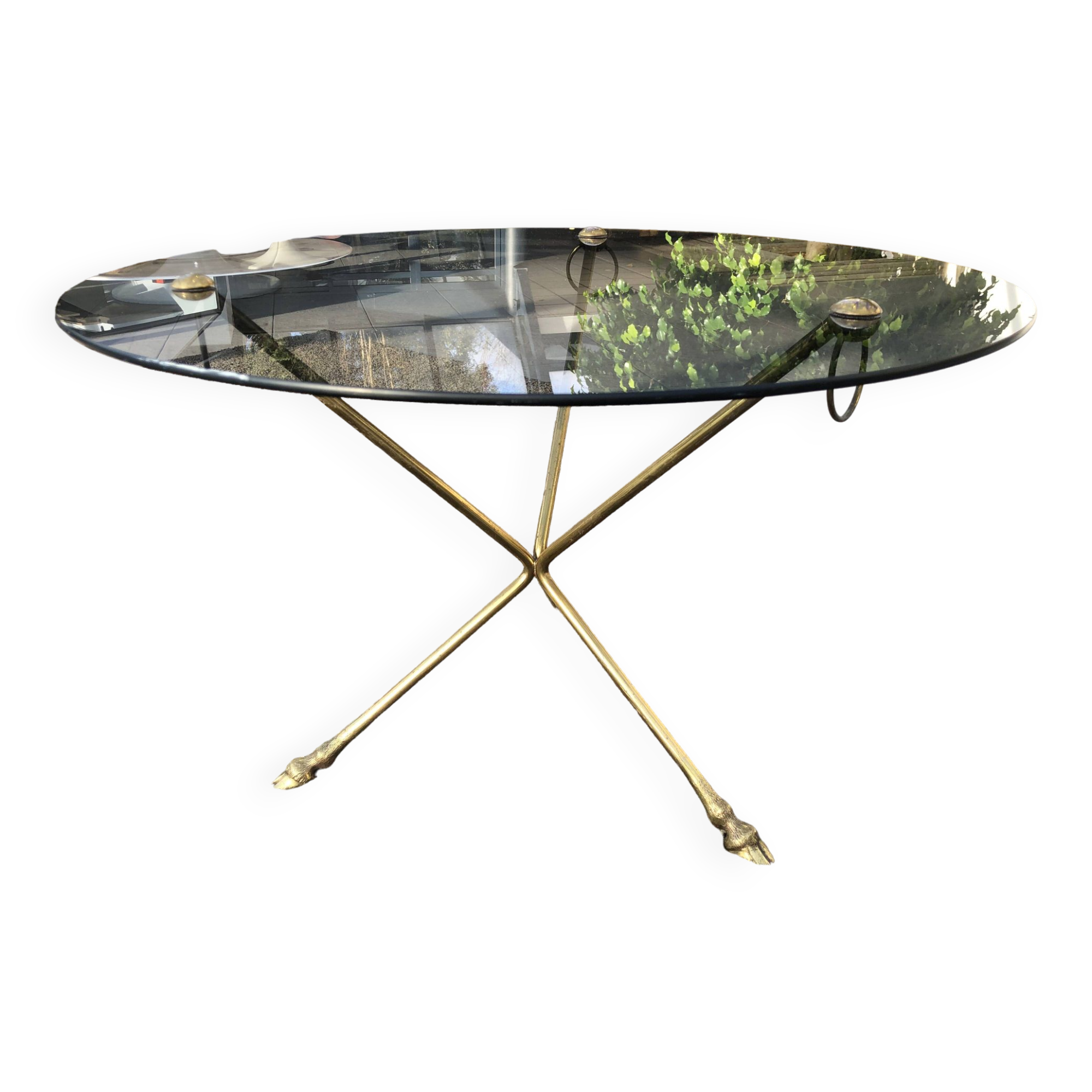 Glass and brass coffee table with hoof-shaped tripod legs, 1970