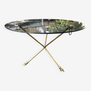 Glass and brass coffee table with hoof-shaped tripod legs, 1970
