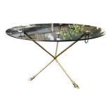 Table basse en verre et laiton pieds tripode en forme de sabot, 1970