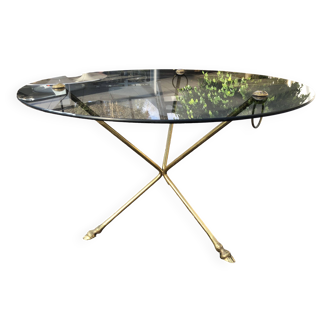 Glass and brass coffee table with hoof-shaped tripod legs, 1970