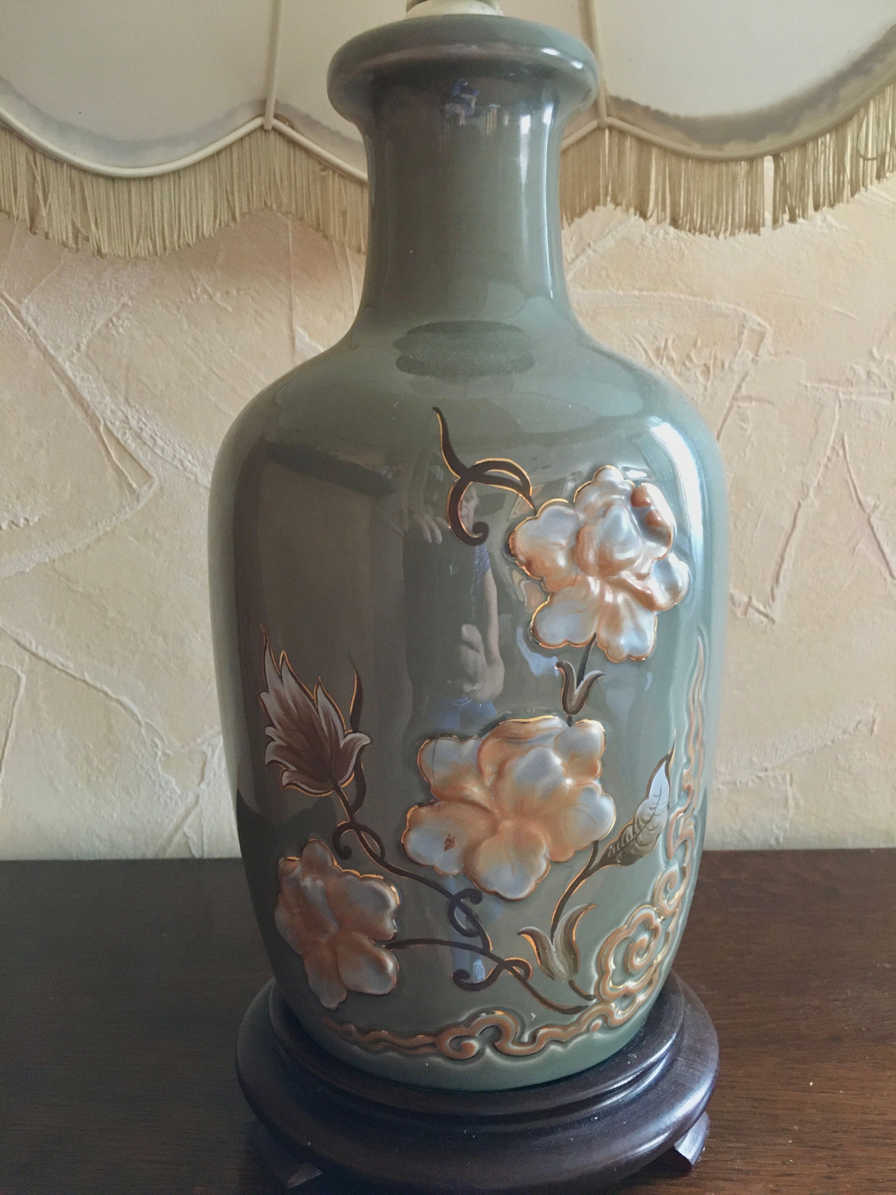 Vintage celadon porcelain lamp with flowers