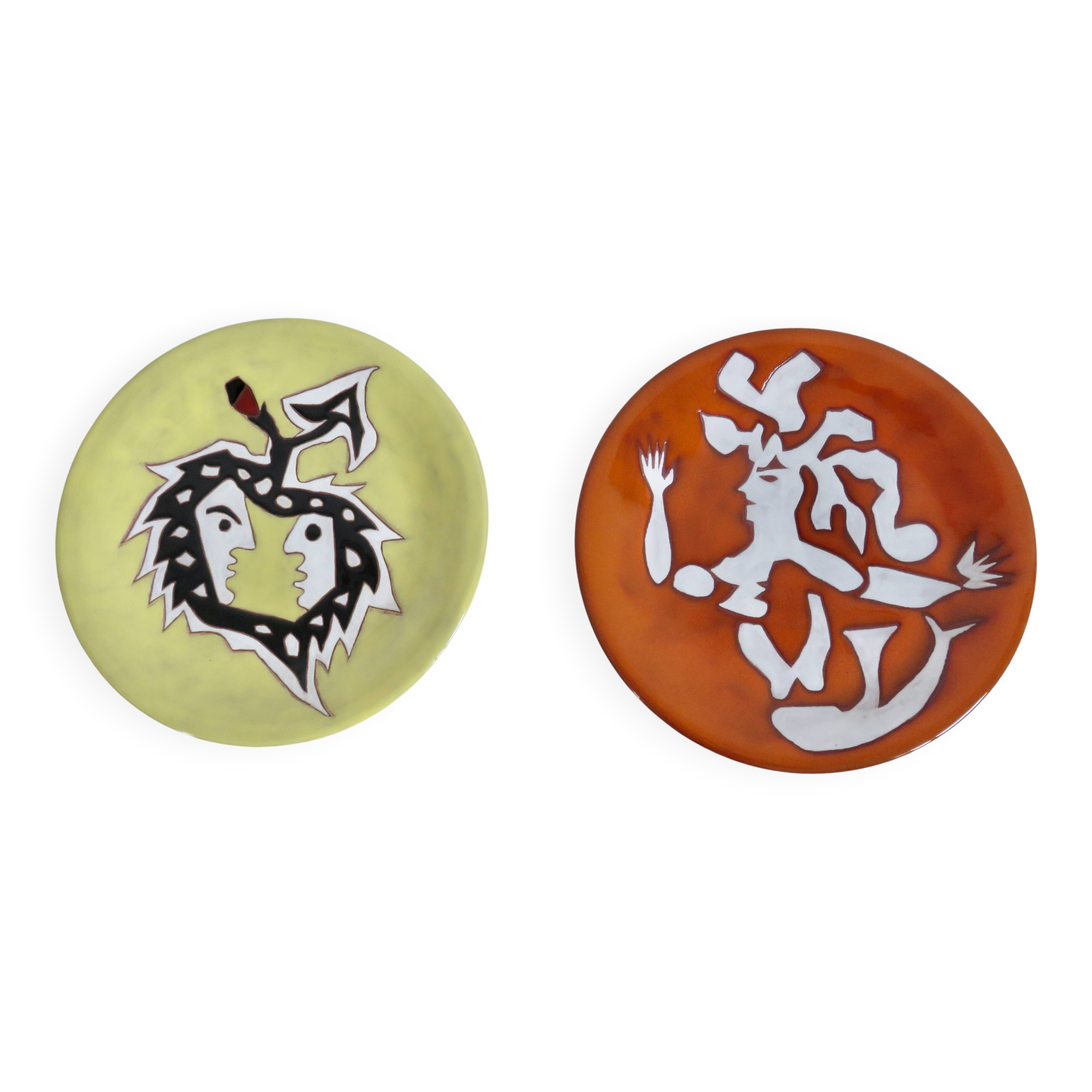 Jean Lurçat 2 enamelled ceramic plates, signed, Sant Vicens edition