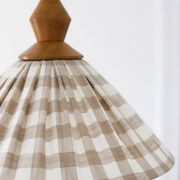 "Olga" pleated pendant light in beige checked fabric and turned wood finish