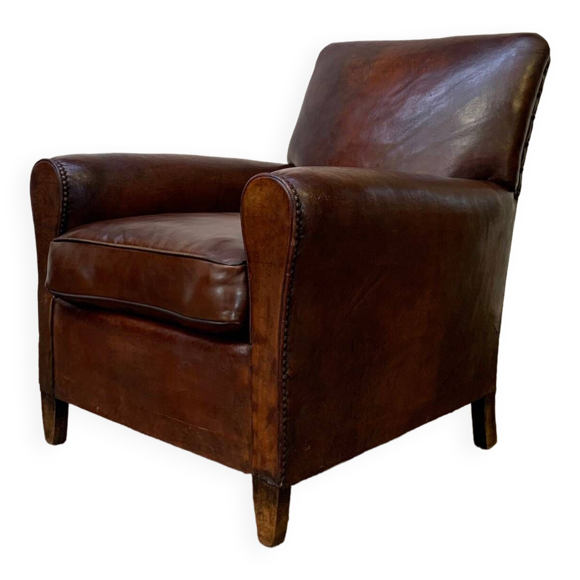 Antique Leather Club Chair, Normandy Model, Circa 1920's