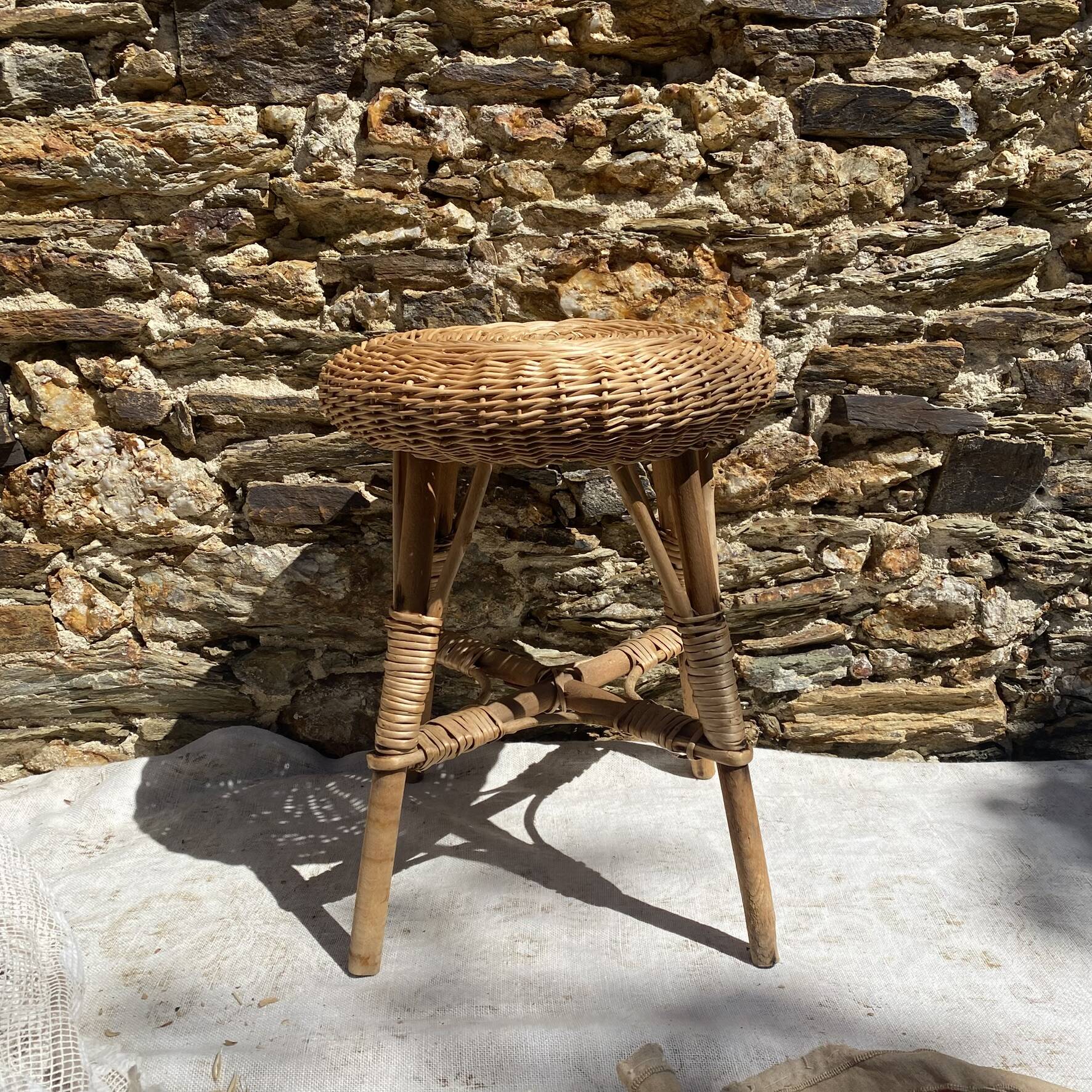 Tabouret en rotin et bois,   années 60